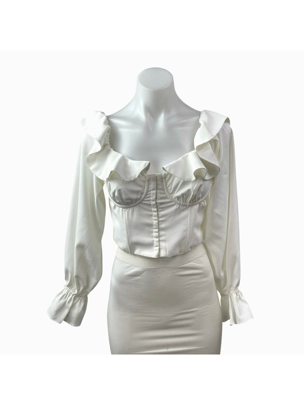 Victoria + Sophia Women's White Ruffled Long Sleeve Bustier Corset Crop Top Sz M